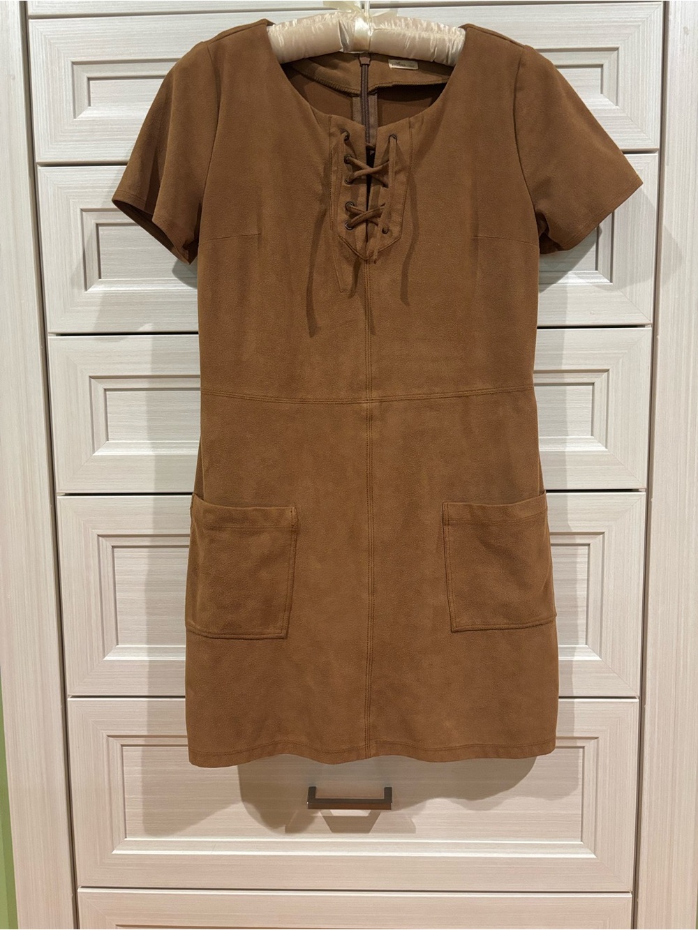 Suede-Look Lace-Up Pocket Mini Dress in Brown